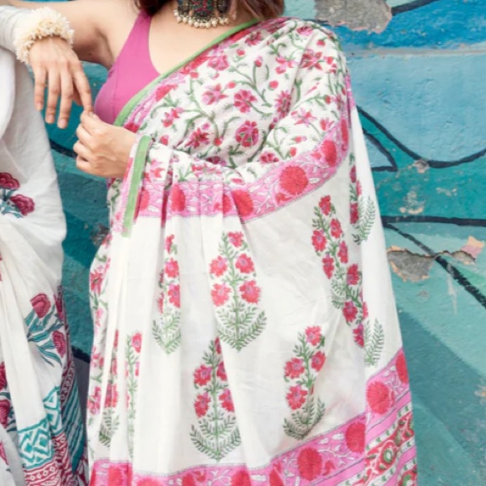 Floral Print Fabric with Pink and Green Accents New block Print cotton Saree - Picture 4 of 15